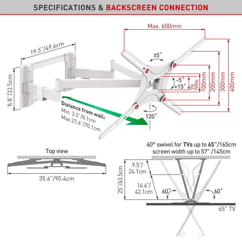 Suporte de parede Barkan 13-90 polegadas braço duplo movimento TV, suporta 132 lb, guerra vitalícia - Imagem 4 de 4