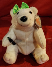 Coca-Cola Bean Bag Plush Polar Bear with Green Bow on head 1997 with Tags
