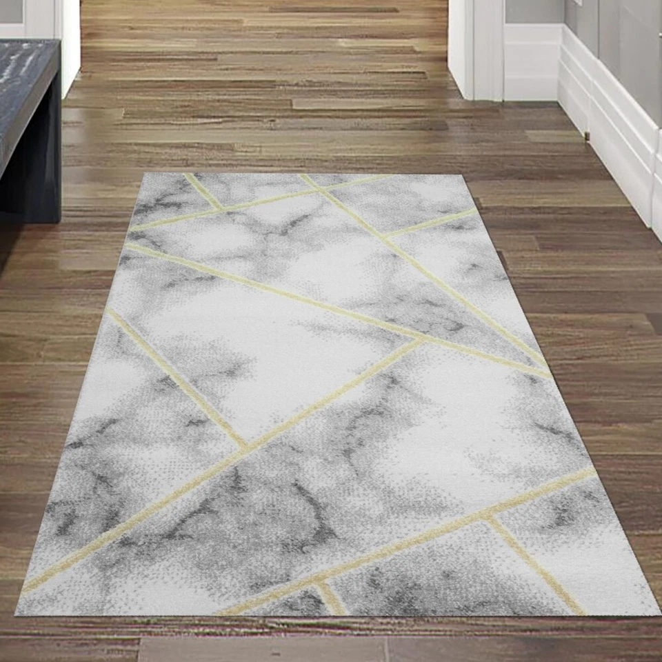 Tapis Design Couloir Salon - facile à nettoyer - style marbre or gris crème - Photo 2/4