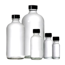 60 ML 2 oz. Boston Round Glass Clear Bottle With Black Plastic Caps