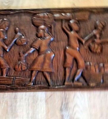 Vintage Wall Plaque African Haitian Wood Hand Carved Art Rectangle