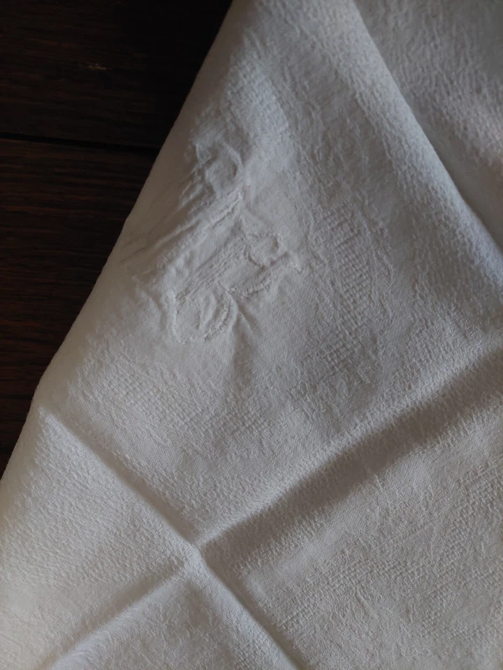 Serviette de table ancienne coton damassé brodé monogramme NR - Photo 4/4