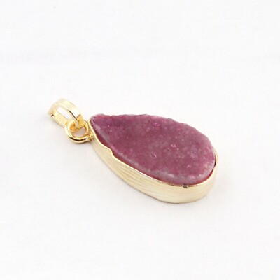 Pear Shape Natural Pink Sugar Druzy Texture Finish Gold Plated Necklace Pendant