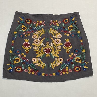 Umgee Gray Embroidered Colorful Flowers Boho Mini Skirt