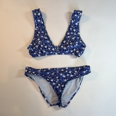 Aerie Blue Floral 2-Piece Bikini Set Bralette Top Adjustable Wide Straps Stretch