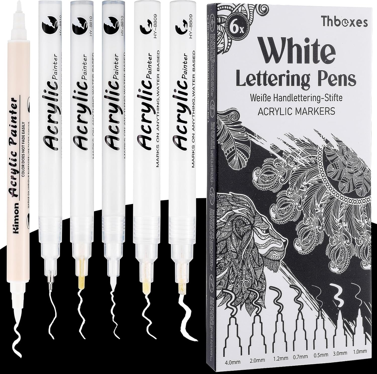 Thboxes White Gel Pens,6 Pcs Acrylic Paint Pens, 0.5/0.7/1.2/2.0/3.0/4.0Mm Marke