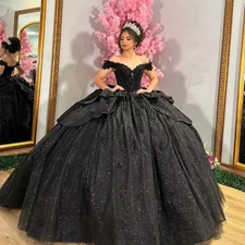 Black Quinceanera Dresses Bow Crystal Lace Off-Shoulder Birthday Party Ball Gown