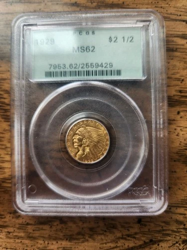 PCGS 1929 MS62 $2.5 Gold Indian Head PCGS Green Holder