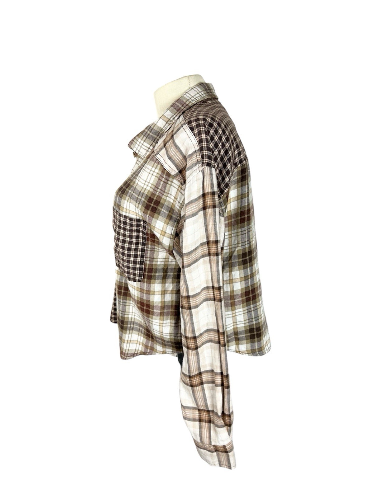 American Eagle Cropped Patchwork Mixed Plaid Flan… - image 2