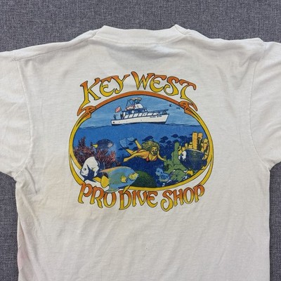 Vintage 90s Key West Pro Dive Shop Pocket T-Shirt Size Small 100% Cotton Stained