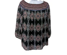 AB Studio Womens XL Smocked Neck Peasant Top Blouse Whimsical Boho   #100L