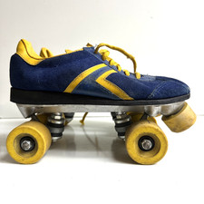 80s Vintage Power Roller Skates Women's 7 Blue Yellow Suede Leather Drawstring