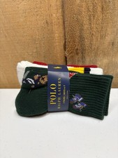NEW Ralph Lauren Polo Boys Socks Football Bear 3 Pair Crew Size 4-7 Shoe 10-13