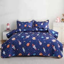 Space Rocket Universe Quilt Set Queen for Kids Boys Bedding Sets with Pillowc...