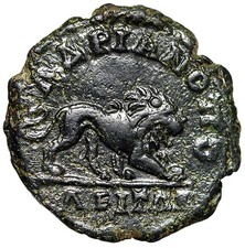 Caracalla AE18 of Hadrianopolis Thrace "Lion Walking" Rare