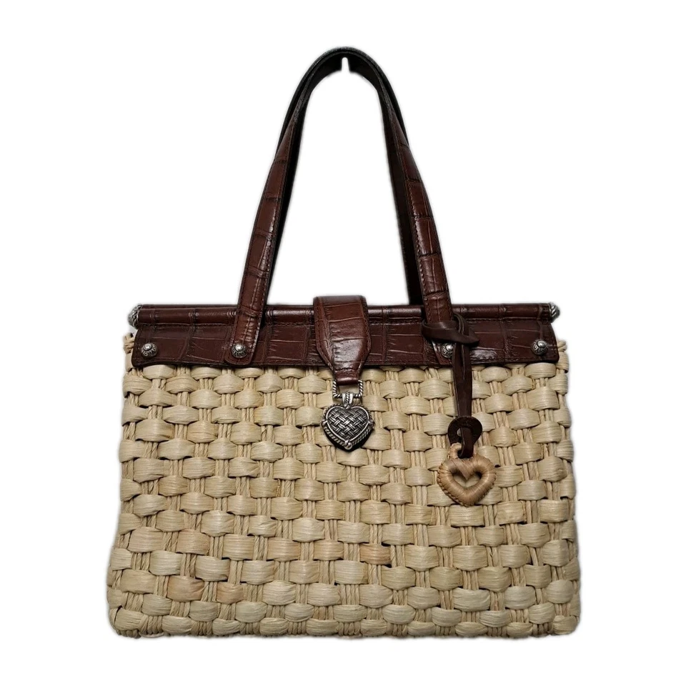 Brighton Ruth Handbag Tote Bag Woven Natural Straw Raffia Brown Leather Trim