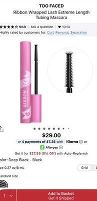 #ad Too Faced Ribbon Wrapped Lash Extreme Length Tubing Mascara Deep Black 0.27 oz $19.00