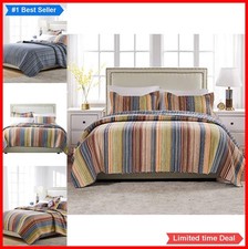 Cotton Quilt Set King Cal King 3 Piece Reversible Striped Prewashed Oversized