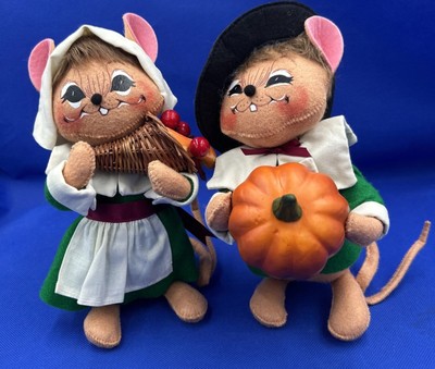 Annalee 2008 Pilgrim Girl & Boy Mouse Green Cornucopia Harvest Thanksgiving 9''