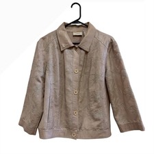 Chico's Embroidered Linen Blend Shimmer Jacket Beige Floral Button Front Size 3