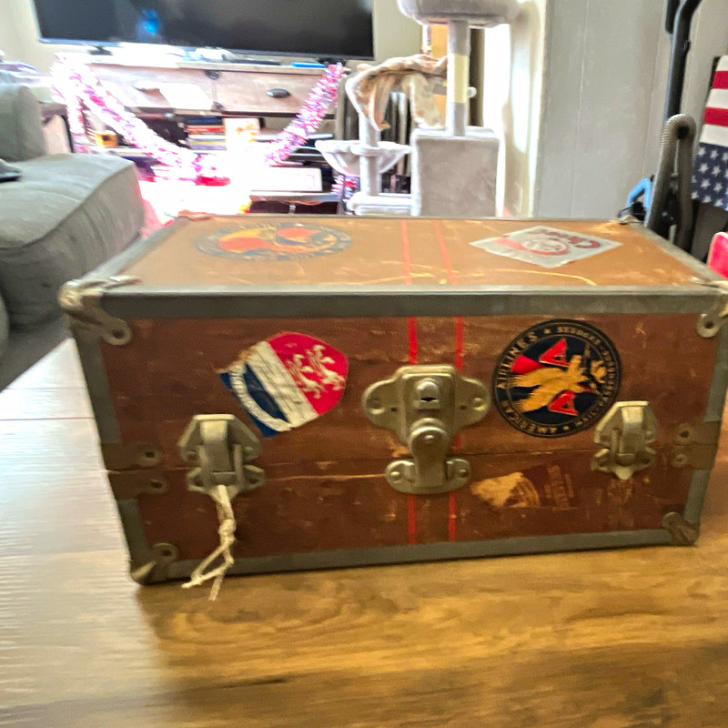 Brown Wood & Metal Travel Trunk Chest w/ Stickers Rectangular Hinged 30x18x16 in