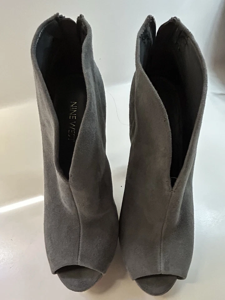 Botines de gamuza gris Nine West botas al tobillo punta abierta botas de aguja zapatos talla 6 Foto 3 de 4