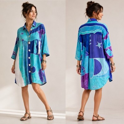 Vintage Tropical Tantrum Hawaii Tunic Top OS Women s Button Up Shirt Artsy Rayon