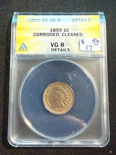 1859 INDIAN HEAD CENT ANACS M VG 8 DETAILS CORRODED CLEANED 914