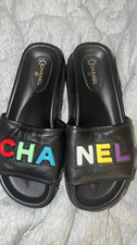 CHANEL Leather Slide Sandals Black Multicolor...