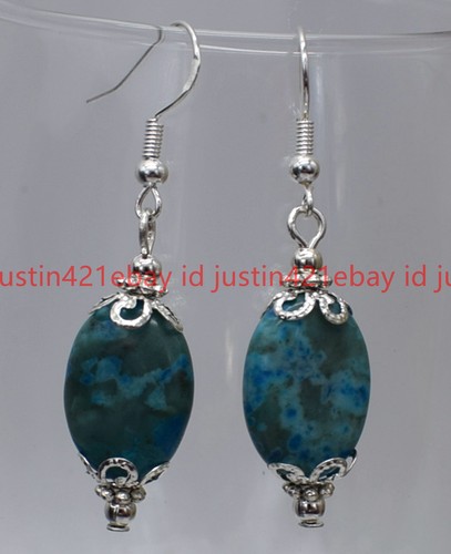 Natural 13x18mm Blue Crazy Lace Agate Oval Gems Silver Hook Dangle Earrings - Picture 9 of 12