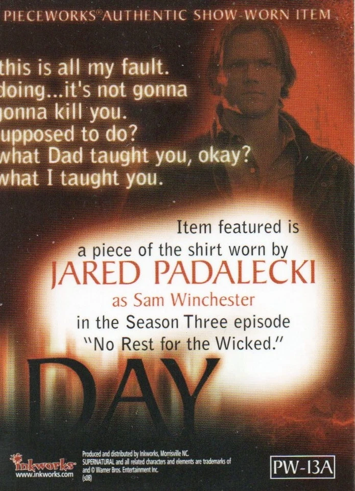 Supernatural Season 3: PW-13A 'Sam' Incentive Puzzle Pieceworks Costume Card - Image 2 of 2