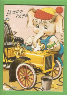 (ILLUSTRATOR) Vintage Elephant and Old Tacot Postcard (Car)
