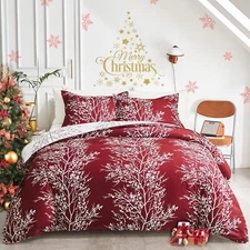 Flysheep Red Tree Botanical Comforter Set King Size, Burgundy and White Tree ...
