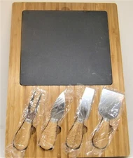 Wooden Slate Insert Cheese Tray With Wooden Handled Cutting Tools.  New.