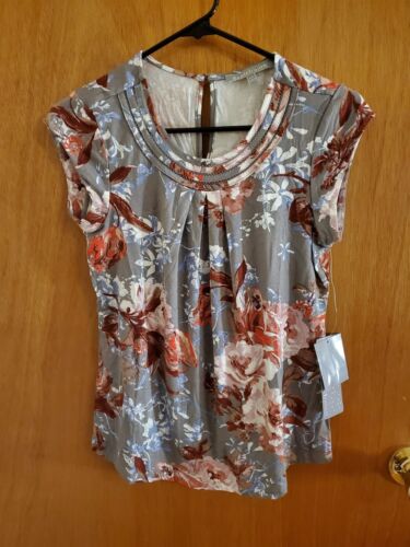 Daniel Rainn Gray Floral Short Sleeve Blouse Size Petite XS NWT