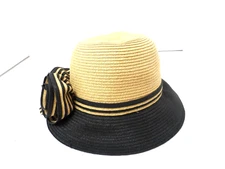 August Women's Bucket Hat Coated Paper W/Bow Tan/Gray  7.5 " Diameter