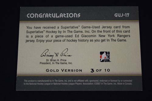 Ed Giacomin 2007-08 In the Game Superlative Game-Used Jersey Gold /10 - Picture 2 of 2