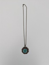 Handmade Pressed Real Turquoise Flower Pendant Necklace in Great Condition 