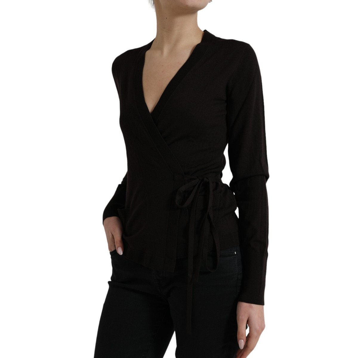 DOLCE & GABBANA Sweater Crossed Cardigan Black Wool V-neck IT36 