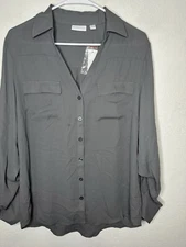 New York And Company Adj Sleeve Gray Button Blouse Shirt Size Large