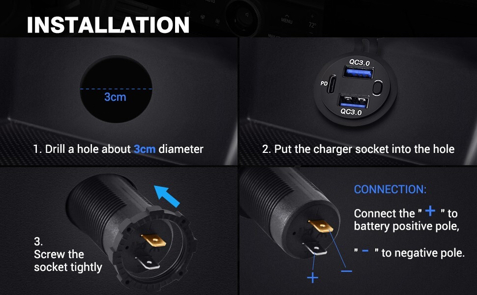 12V USB Car Socket Round USB C Outlet 3-Port Marine Fast Charger for Boat Truck