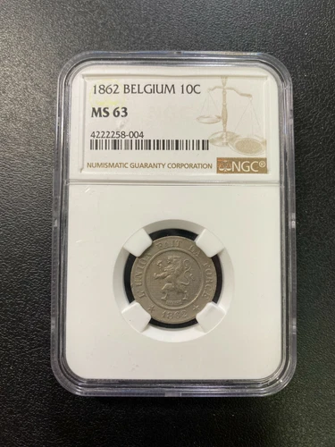 1862 BELGIUM TEN CENTIMES NGC MS-63 - UNCIRCULATED - CERTIFIED SLAB - KM#22