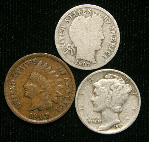 Old US Coin Estate Lot Barber Dime Indian Head Cent Mercury Dime 3 Coin Set
