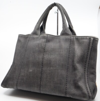PRADA Canapa M Denim 2way shoulder tote bag Hand Bag Black Canvas 