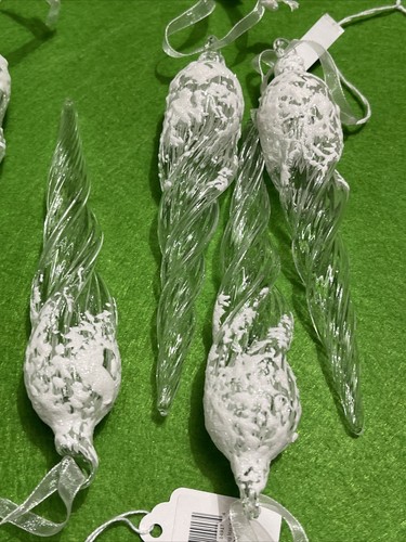 6 Blown Glass 6" ICICLES ornaments - Frosty Morning (Snow Topped) - NEW w/Tag - Picture 2 of 9