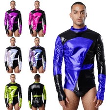 Shiny Metallic Mens Bodysuit Stand Collar Long Sleeves Jumpsuit  Arm Sleeves