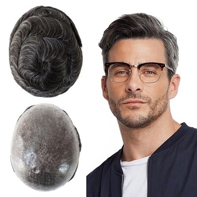 Mens Toupee Human Hair System Replacement Full Poly Skin Injected PU Wig for Men