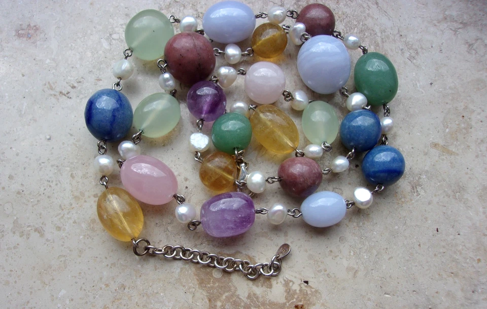 925 Silber Kette  Multi Edelsteinen 138 Gr, 74 cm Amethyst, Perlen, Citrin.....  - Bild 2 von 3