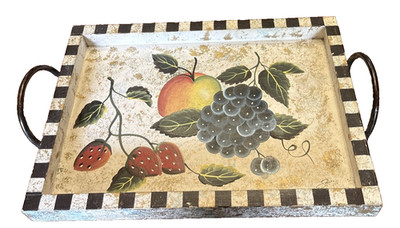Hand Painted  Wooden  Tray Fruit Design with Metal Handles Shabby Chic Style