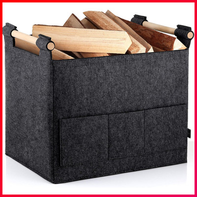 Felt Basket 40L Dunkelgrau Mit Doppelgriffen und Vordertasche Faltbar Holzkorb